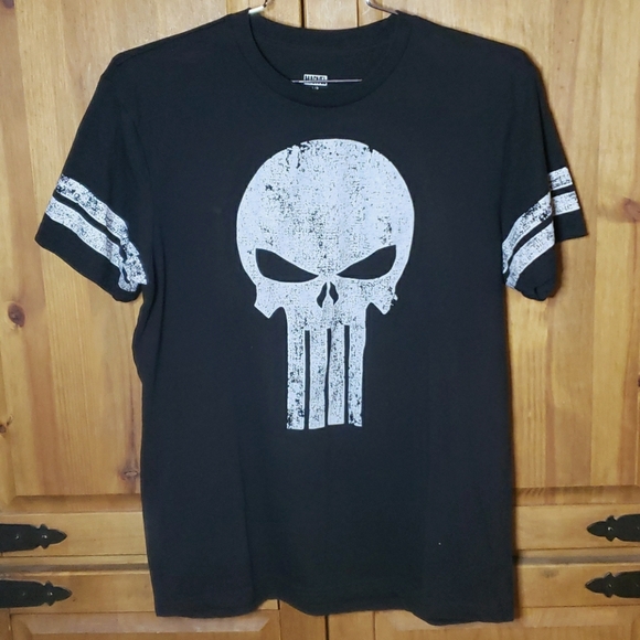 Marvel Punisher Mens Stripe Sleeve T-Shirt